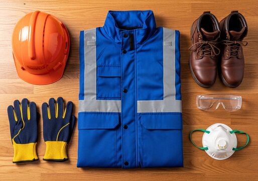 Personal protective equipment flat lay with hard hat safety jacket boots gloves glasses mask