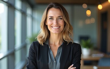 Smiling confident professional middle aged business woman corporate leader, happy mature female executive, lady manager standing in office looking at camera, portrait. High quality