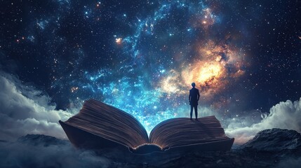 A Journey Through the Universe - Man Standing on Open Book.