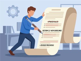 Man writing on a long scroll with updated rules and guidelines.