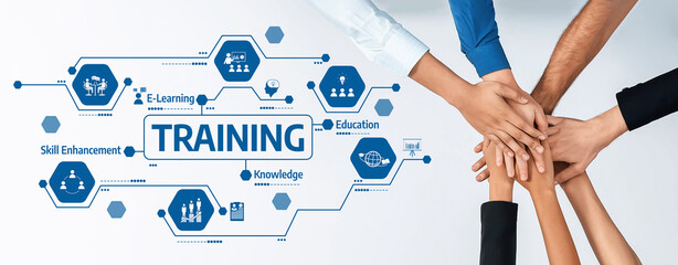 A visually engaging representation of teamwork and collaboration in training settings, showcasing hands joined together around symbols of learning, knowledge, and skill enhancement. Amity