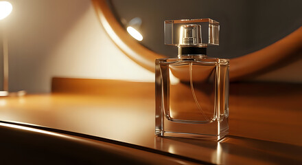 Elegant glass perfume bottle glows under warm vanity light promising luxury and sophisticated fragrance experiences