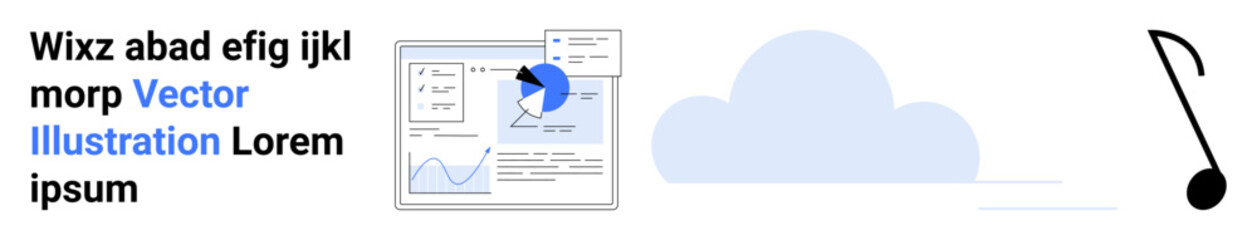 Data visualization, cloud technology, music streaming, digital media, information storage, analytics. Analytics dashboard, cloud icon musical note. Data visualization and cloud technology