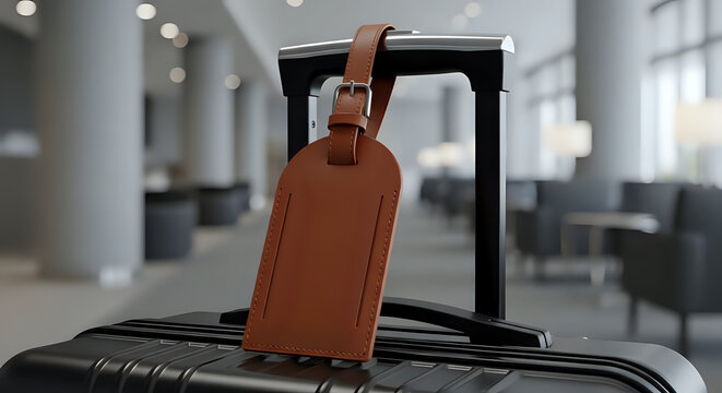 Elegant brown leather luggage tag securely fastened to a modern black suitcase handle inside a bright airport lounge setting