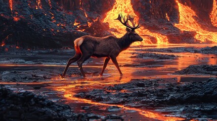 Majestic Elk Crossing Fiery River - A Surreal Landscape of Nature and Inferno.