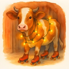 Kuh auf Rollschuhen und mit Lichterkette - Lustige Weihnachts Illustration - Bauernhof Weihnachtsfest Design - Tier Spa&szlig; Winter Wallpaper