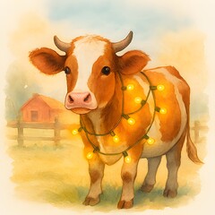 Kuh mit Lichterkette - Lustige WInter Illustration - Bauernhof Weihnachtsfest Design - Tier Spa&szlig; Werihnachts Wallpaper