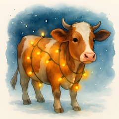 Kuh mit Lichterkette - Lustige Weihnachts Illustration - Bauernhof Weihnachtsfest Design - Tier Spa&szlig; Winter Wallpaper