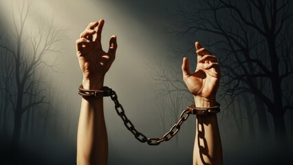 Human hands, wrists shackled by rusty chains, strain upwards into a guiding light from a dark, misty forest
