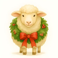 Schaf mit Weihnachtskranz Wallpaper - Weihnachtliches Schaf - Schaf Winter Illustration - Winter Tier Hintergrundbild