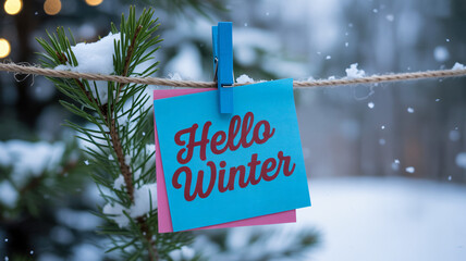 Hello winter message on blue and pink cards hanging from a clothesline in a snowy outdoor setting creating a festive seasonal atmosphere.