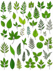 Naklejka premium A collection of various hand-drawn green leaves and botanical elements on a white background.