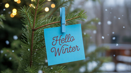 Hello winter message on blue card hanging from tree branch with lights and snow creating a festive seasonal atmosphere.