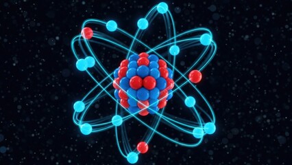 A vibrant 3D rendering of an atom blue electrons orbit a red and blue nucleus on glowing paths