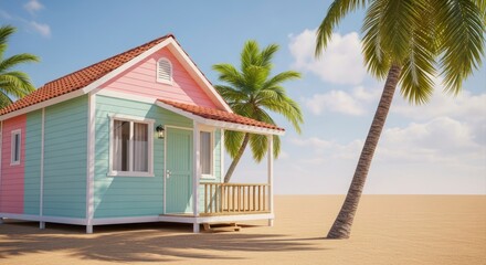 Colorful tropical house with palm trees under blue sky vacation concept