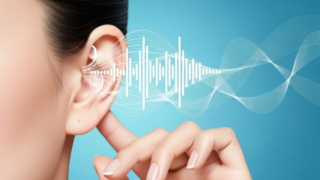 A detailed human ear with a finger touching it, radiating white sound waves and audio spectrum on blue