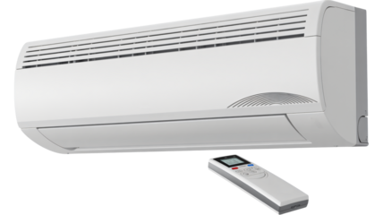 Modern white wall mounted air conditioner unit with remote control