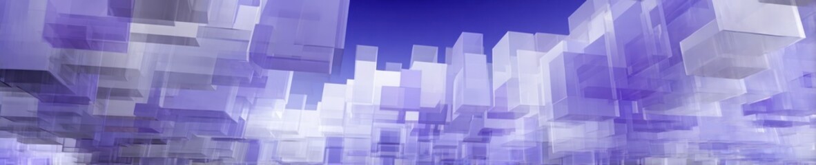 Fototapeta premium A cityscape of abstract, transparent, geometric blocks in shades of purple and white against a blue sky