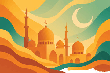 Abstract UAE Eid al-Adha Holiday scene with flowing mosque domes crescent motifs and minimal festive design