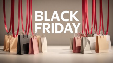A stylish display of shopping bags with vibrant ribbons, highlighting the excitement of Black Friday sales.