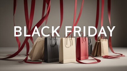 A visually appealing display of shopping bags with festive ribbons, highlighting the theme of Black Friday sales and shopping excitement.