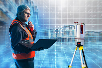 Geodetic surveying specialist analyzes 3D scan data using a laptop, operating a laser scanner to capture terrain, building geometry, and spatial measurements for digital mapping.