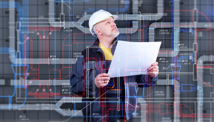 Ventilation engineer evaluates airflow schematics, reviewing duct layouts and system plans for HVAC design, equipment placement, and industrial ventilation optimization.