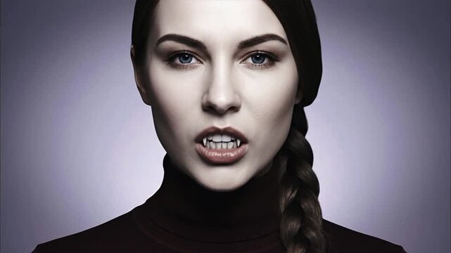 Beauty Vampire Woman with Natural Look and Brown Braid Revealing Fangs as Eyes Change Color in Purple Studio Fog