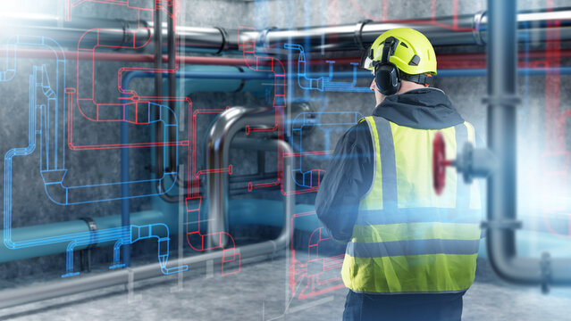 Ventilation technician inspects HVAC pipelines, comparing real duct routes with digital airflow schemes to ensure proper installation, system safety, and ventilation performance.