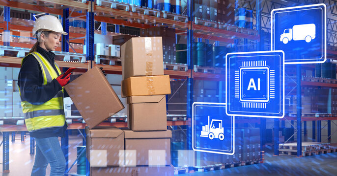 Logistics worker organizes warehouse packages using a mobile device, applying AI-driven tools to optimize inventory handling, shipment routing, and storage operations.