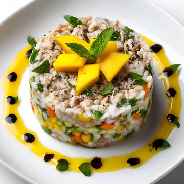 An exquisite rice timbale is elegantly plated, showcasing vibrant mango, fresh herbs, and a delicate sauce on a pristine square plate now served.