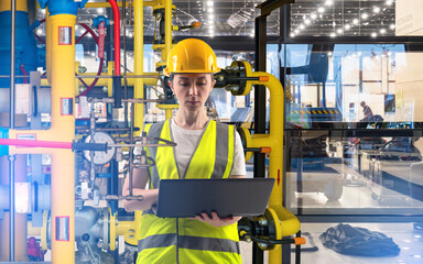 Industrial process control engineer monitors system parameters on a laptop while inspecting pipelines, valves and gauges to ensure safe and efficient plant operation.
