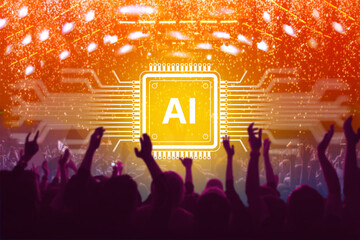 AI-driven entertainment concept merges digital innovation with a lively concert crowd, symbolizing...