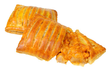 Sausage and baked bean cheese melt baked slices in crispy puff pastry isolated on a white background