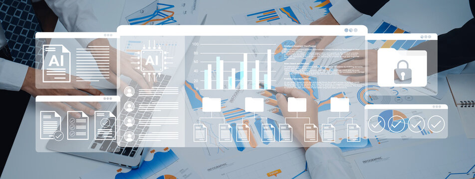Professionals engage in a collaborative meeting focused on digital data analysis using AI technologies in a modern office space, emphasizing security and insights. Gantry