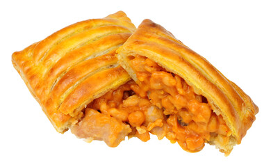 Sausage and baked bean cheese melt baked slices in crispy puff pastry isolated on a white background