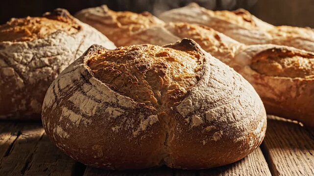 Freshly baked crusty bread loaves sit on a rustic, wooden surface under warm lighting