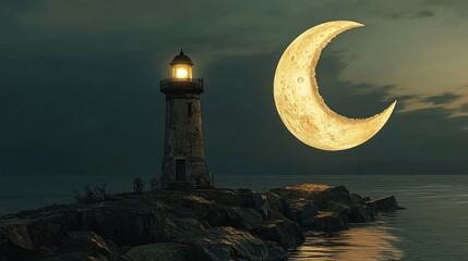 Lighthouse under a crescent moon casting light on the sea.