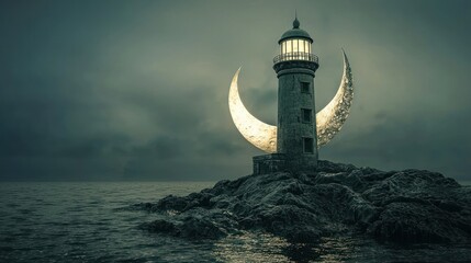 Mystical Lighthouse Under Moonlight - A Beacon of Hope and Guidance.