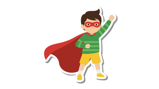 Cartoon Boy Superhero Wearing Red Cape Green Striped Shirt Yellow Shorts and Red Mask Posing Confidently Against Black Background