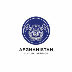 Blue circular emblem of Afghanistan Cultural Heritage featuring national flags and a mosque motif.