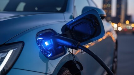 Blue electric car charging at dusk, glowing port connected by a cable, blurred city background