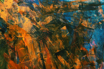Abstract vivid colorful brush stroke patterns blend together to form a dynamic textured artistic grunge styled painted background	