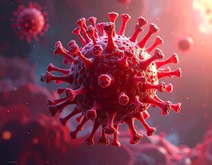 Close-up of microscopic red pathogens, in an atmospheric, illuminated setting