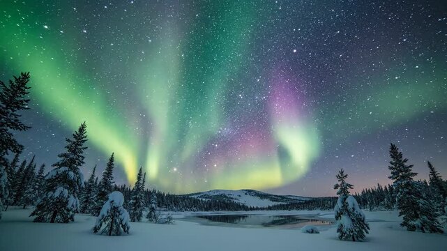 Northern lights paint the night sky above a snowy, tree-lined landscape with a partially frozen lake reflecting the aurora