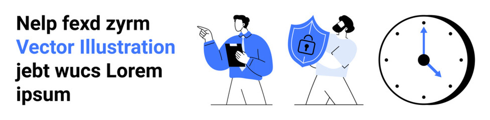 Cybersecurity, privacy protection, time management, efficient planning, data security, teamwork. Two individuals, one holding a shield a clock icon . Cybersecurity and time management concept