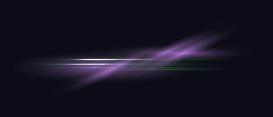 Realistic light wave with purple glow and green horizon line effect. Abstract flare lens effect on dark background vector illustration