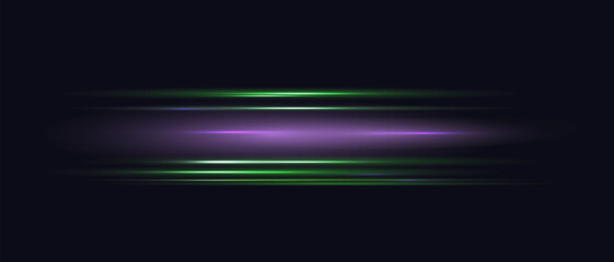 Abstract horizontal purple and green motion light rays on dark background. Speed concept. Vector illustration for banner, poster, wallpaper