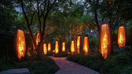 Illuminated Pathway - A Nighttime Garden Scene with Glowing Sculptures.