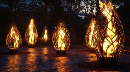 Outdoor Flame Torches Illuminate a Tranquil Evening Garden.